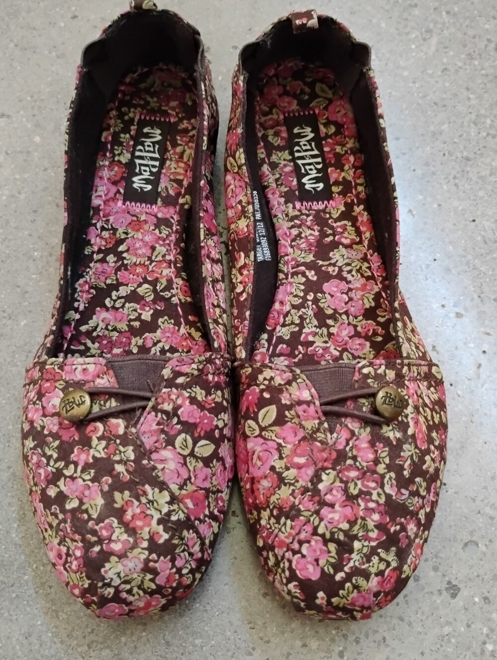 Mad Love Brown Floral Slip-On Flats with Pink and Cream Flowers